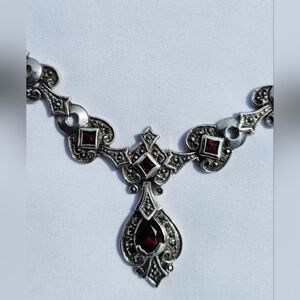 Vintage Sterling Silver Garnet & Marcasite Necklace • 925 Silver